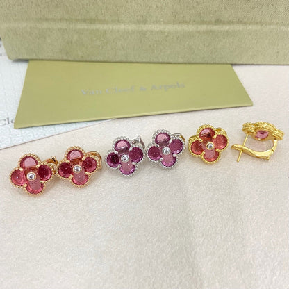 [⭐Aura]2026 NEW  CLOVER 1 MOTIFPINK ENAMEL STUD EARRINGS WITH DIAMONDS2