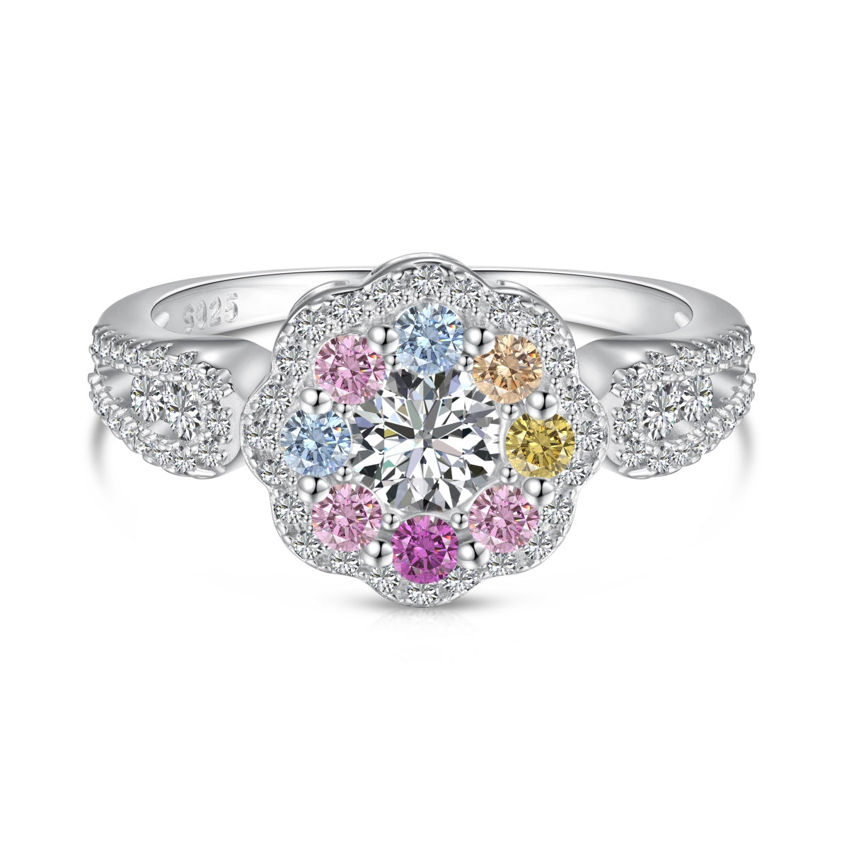 [Aura Jewelry]Delicate Colorful Round Cut Flower Shape Wedding Ring