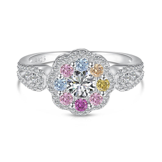 [Aura Jewelry]Delicate Colorful Round Cut Flower Shape Wedding Ring