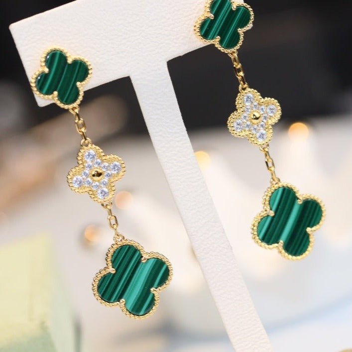 [⭐Aura]CLOVER EARRINGS GOLD MALACHITE DIAMOND 3 MOTIF
