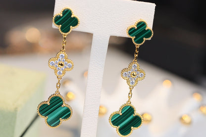 [⭐Aura]CLOVER EARRINGS GOLD MALACHITE DIAMOND 3 MOTIF