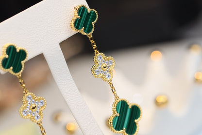 [⭐Aura]CLOVER EARRINGS GOLD MALACHITE DIAMOND 3 MOTIF
