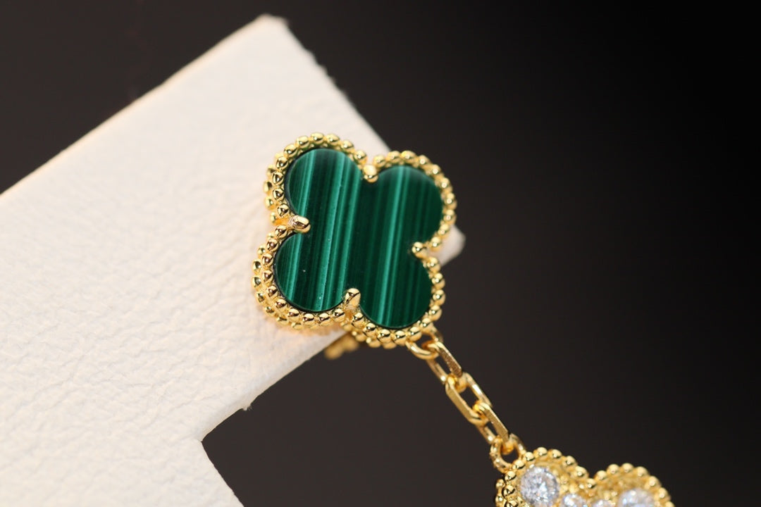 [⭐Aura]CLOVER EARRINGS GOLD MALACHITE DIAMOND 3 MOTIF
