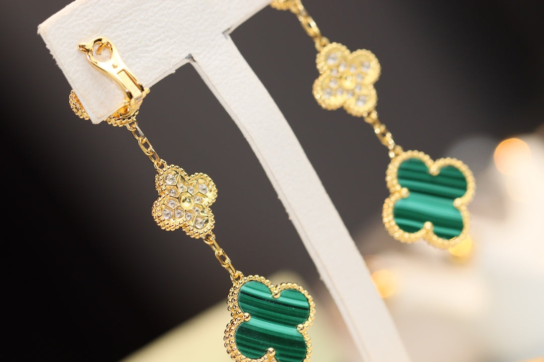 [⭐Aura]CLOVER EARRINGS GOLD MALACHITE DIAMOND 3 MOTIF