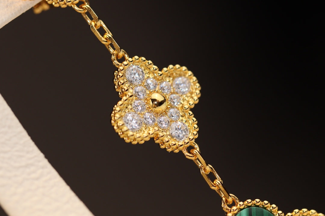 [⭐Aura]CLOVER EARRINGS GOLD MALACHITE DIAMOND 3 MOTIF