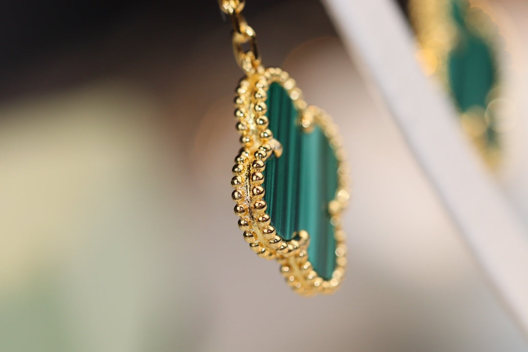 [⭐Aura]CLOVER EARRINGS GOLD MALACHITE DIAMOND 3 MOTIF