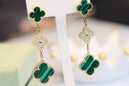 [⭐Aura]CLOVER EARRINGS GOLD MALACHITE DIAMOND 3 MOTIF