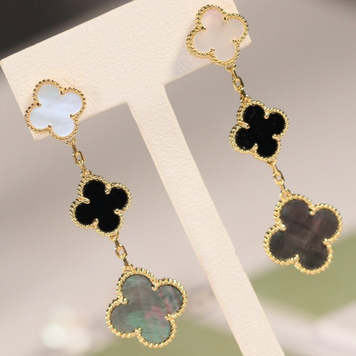 [⭐Aura]CLOVER EARRINGS GOLD ONYX MOP 3 MOTIF