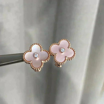 [⭐Aura]CLOVER MEDIUM 1 MOTIFS  PINK MOP DIAMOND EARRINGS