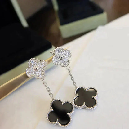 [⭐Aura]CLOVER 2 MOTIFS  DIAMOND ONYX EARRINGS SILVER