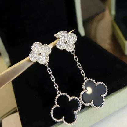 [⭐Aura]CLOVER 2 MOTIFS  DIAMOND ONYX EARRINGS SILVER