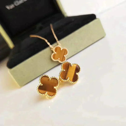 [⭐Aura]CLOVER MEDIUM 1 MOTIFS TIGER EYE EARRINGS