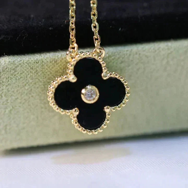 [⭐Aura]CLOVER 15MM DIAMOND ONYX NECKLACE