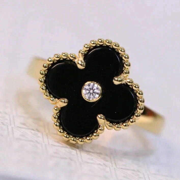 [⭐Aura]CLOVER ONYX RING GOLD DIAMOND