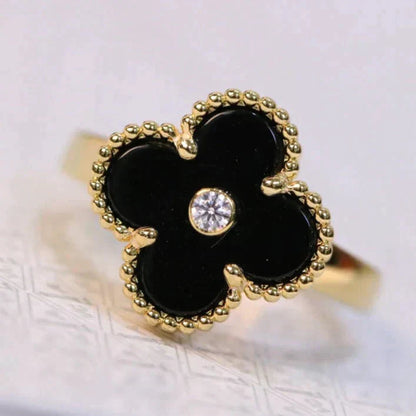 [⭐Aura]CLOVER ONYX RING GOLD DIAMOND
