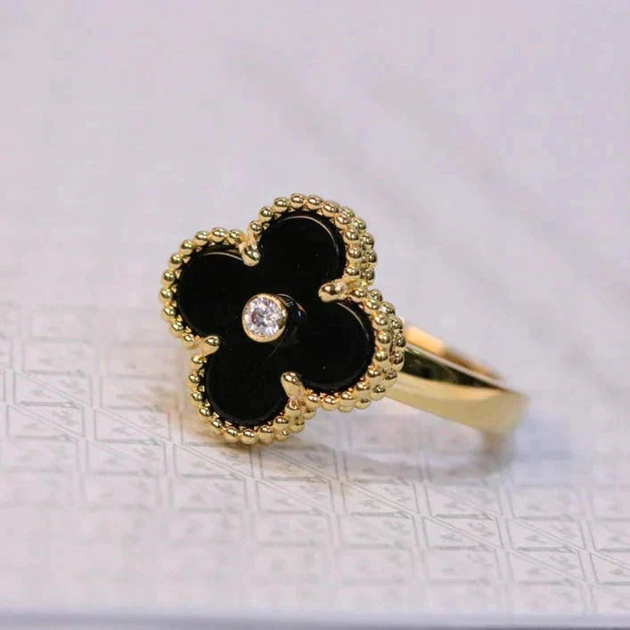 [⭐Aura]CLOVER ONYX RING GOLD DIAMOND