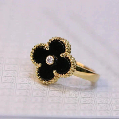 [⭐Aura]CLOVER ONYX RING GOLD DIAMOND