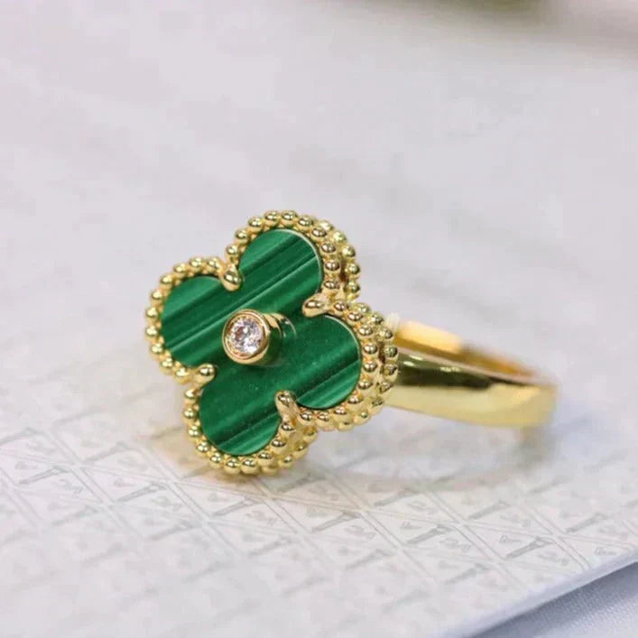 [⭐Aura]CLOVER MALACHITE RING GOLD DIAMOND