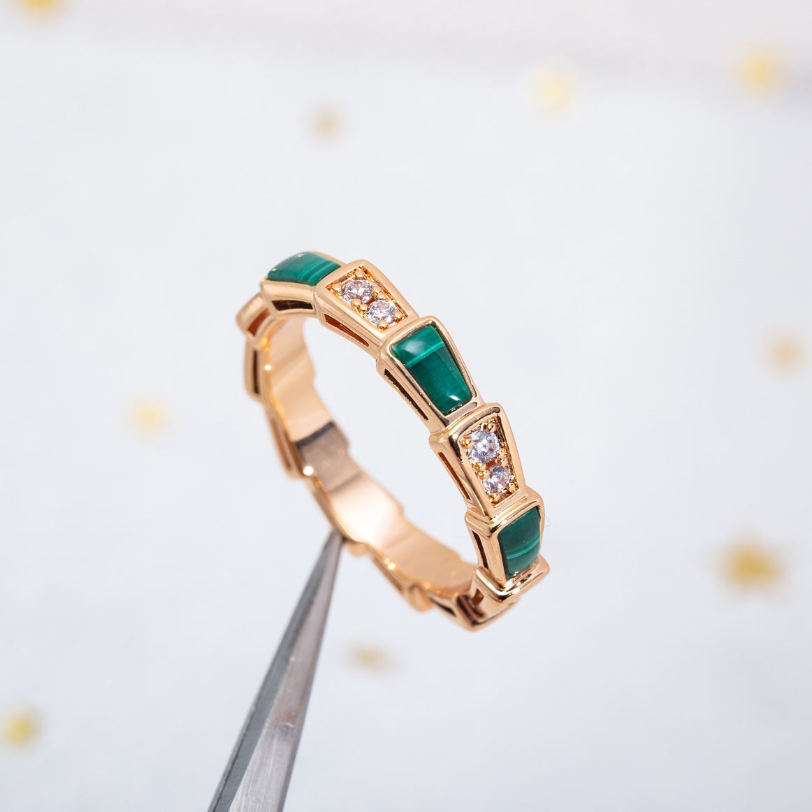 [⭐Aura]SERPENTI RING PINK GOLD MALACHITE DIAMOND 3MM