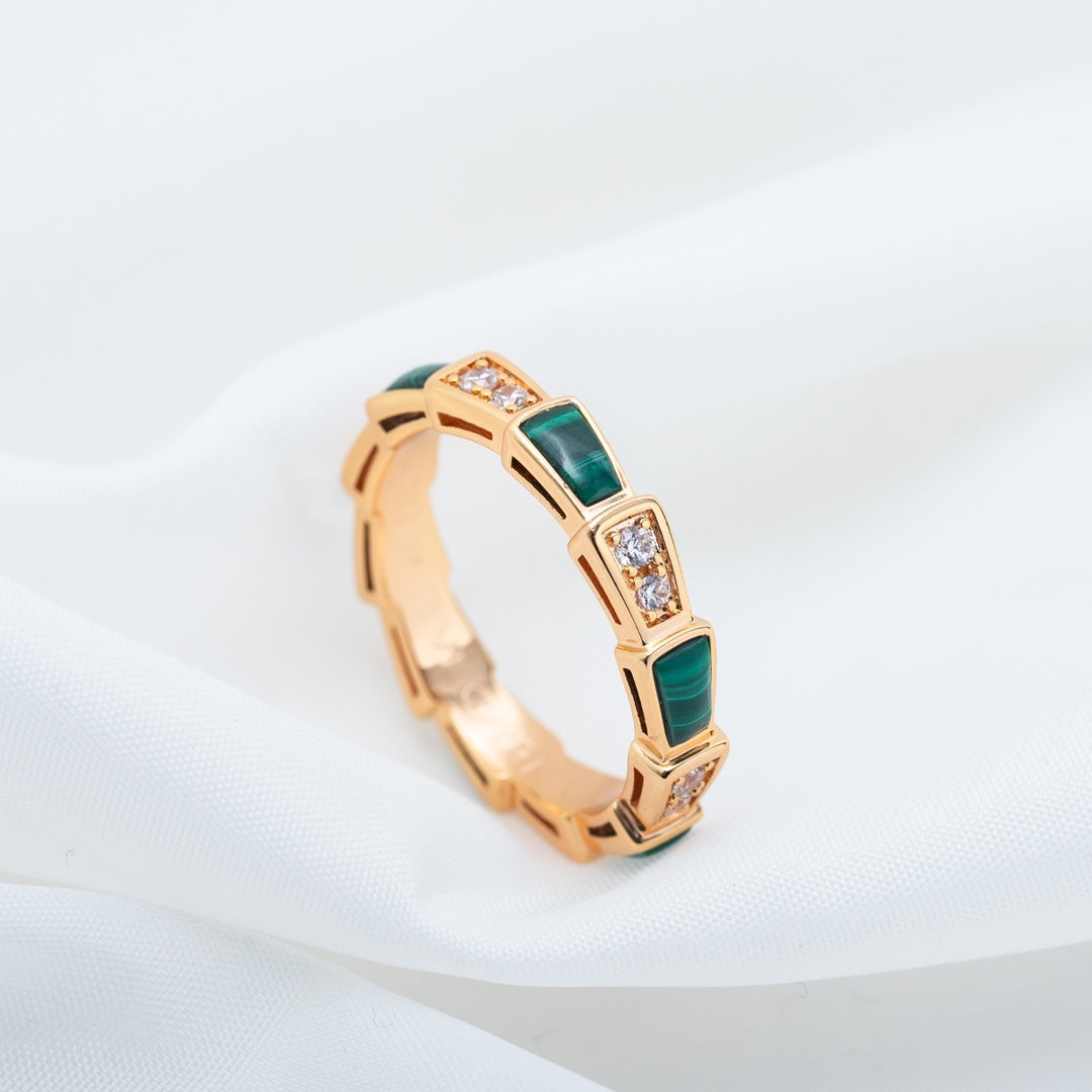 [⭐Aura]SERPENTI RING PINK GOLD MALACHITE DIAMOND 3MM