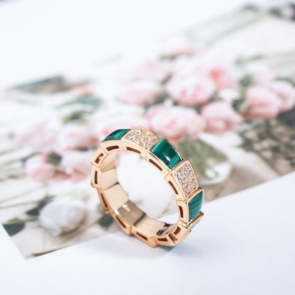 [⭐Aura]SERPENTI RING PINK GOLD MALACHITE DIAMOND PAVED 4MM