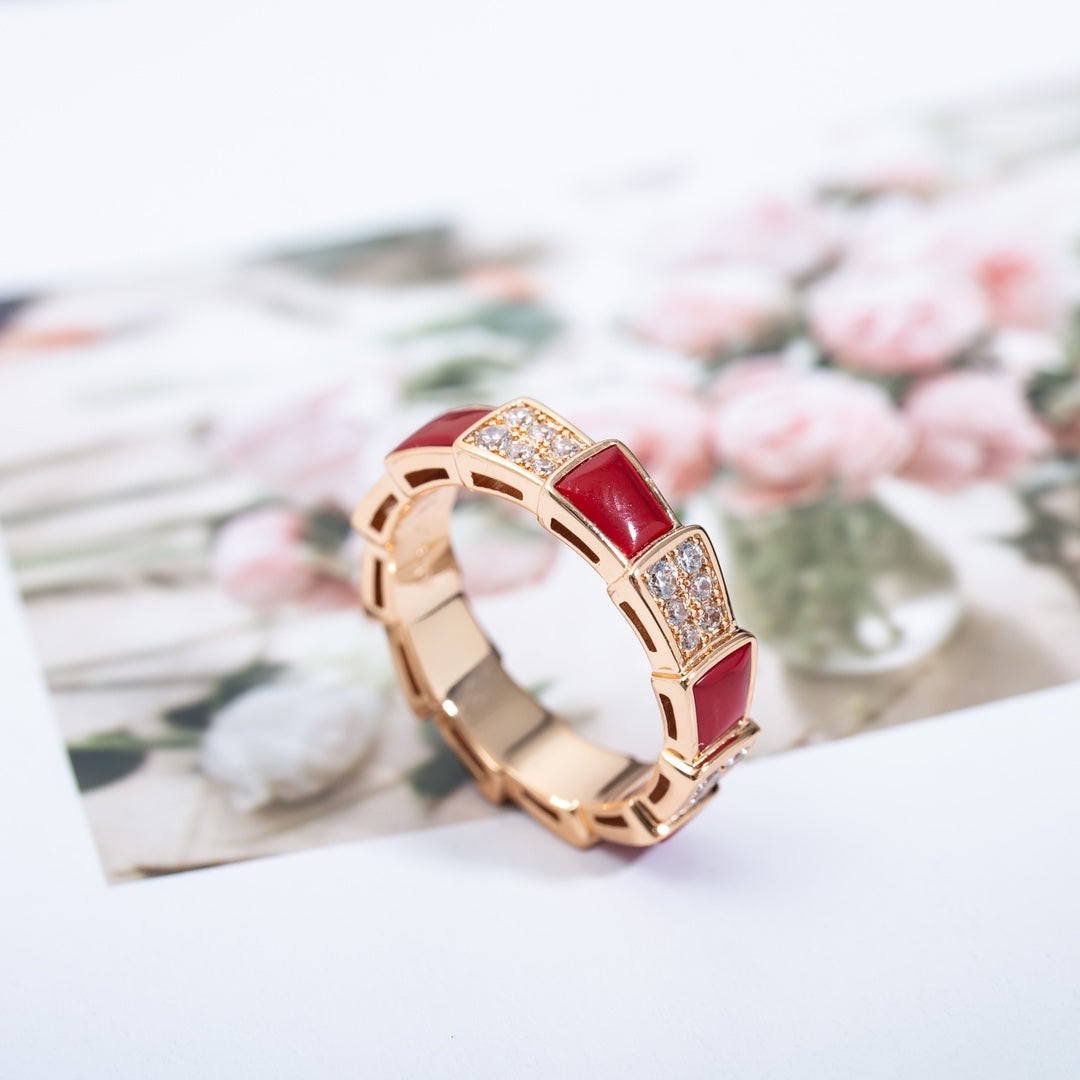 [⭐Aura]SERPENTI RING PINK GOLD CARNELIAN DIAMOND PAVED 4MM