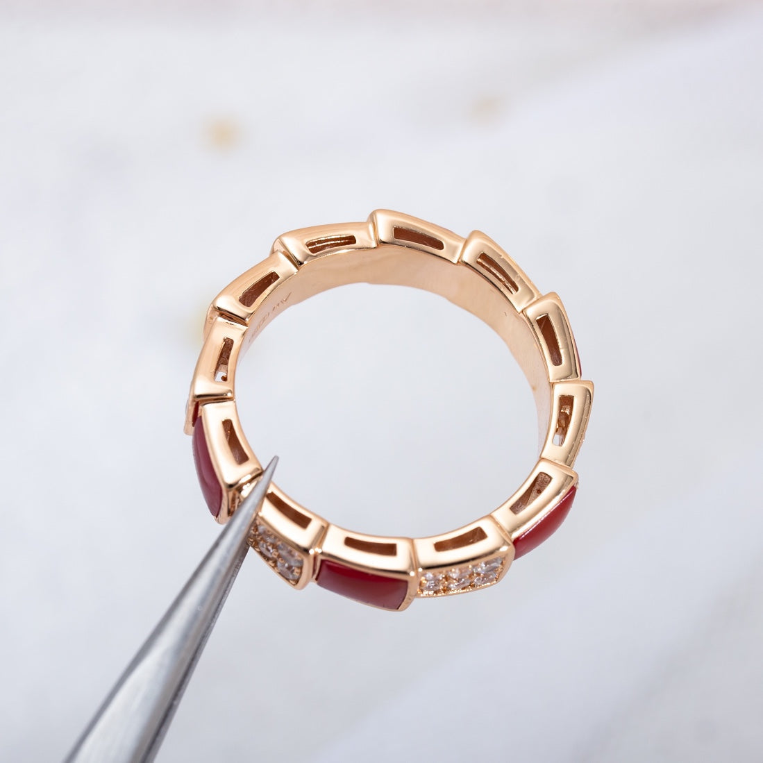 [⭐Aura]SERPENTI RING PINK GOLD CARNELIAN DIAMOND PAVED 4MM