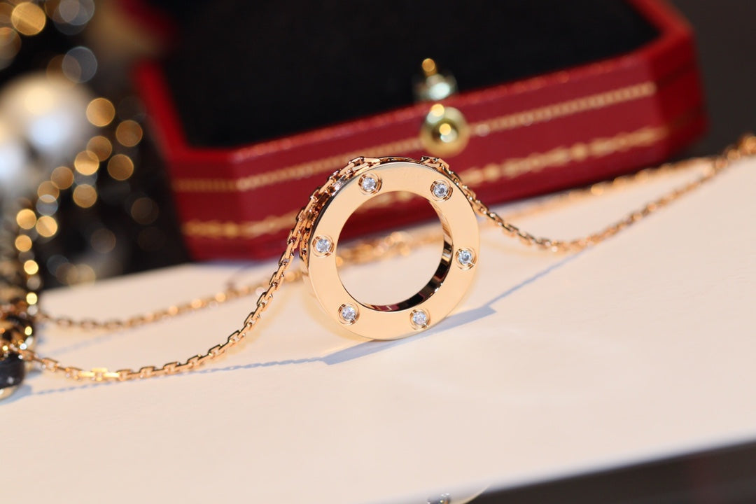 [⭐Aura]LOVE NECKLACE 16MM 6 DIAMONDS PINK GOLD