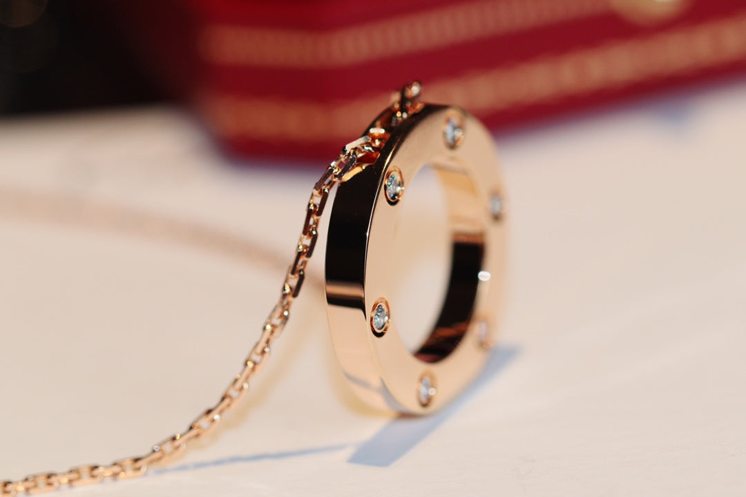 [⭐Aura]LOVE NECKLACE 16MM 6 DIAMONDS PINK GOLD