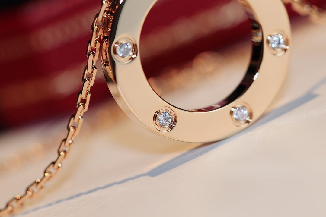 [⭐Aura]LOVE NECKLACE 16MM 6 DIAMONDS PINK GOLD