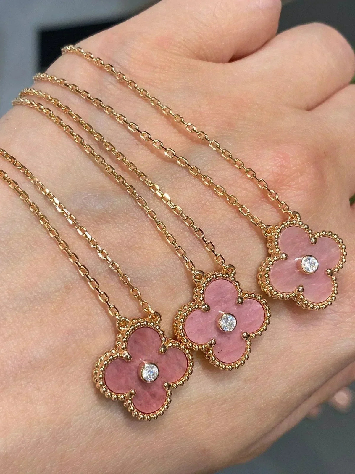 [⭐Aura]CLOVER 15MM DIAMOND RHODONITE NECKLACE