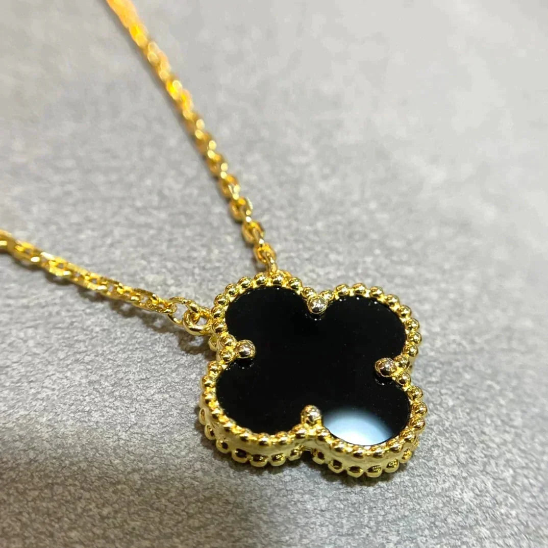 [⭐Aura]CLOVER 15MM BLACK ONYX SINGLE FLOWER NECKLACE