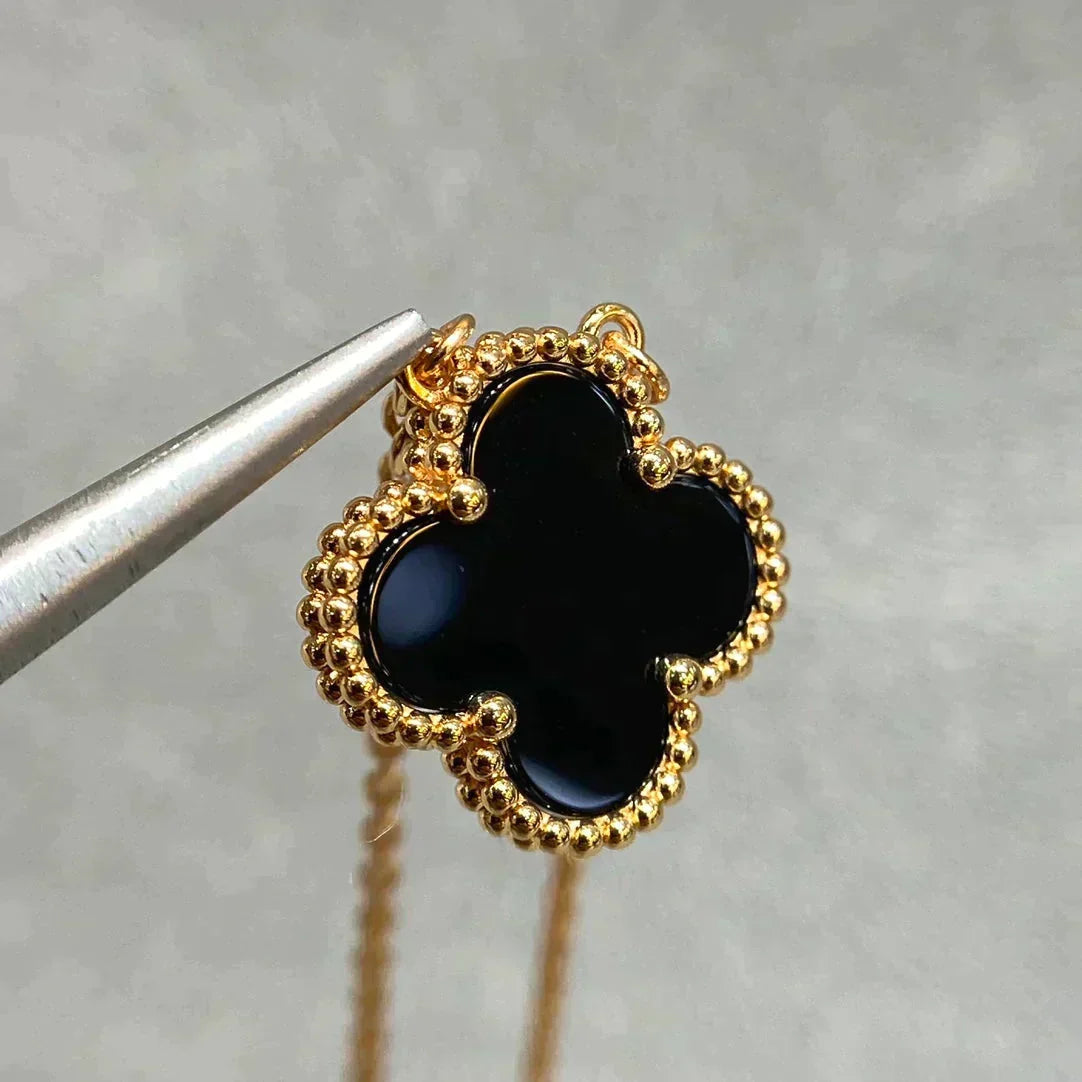 [⭐Aura]CLOVER 15MM BLACK ONYX SINGLE FLOWER NECKLACE