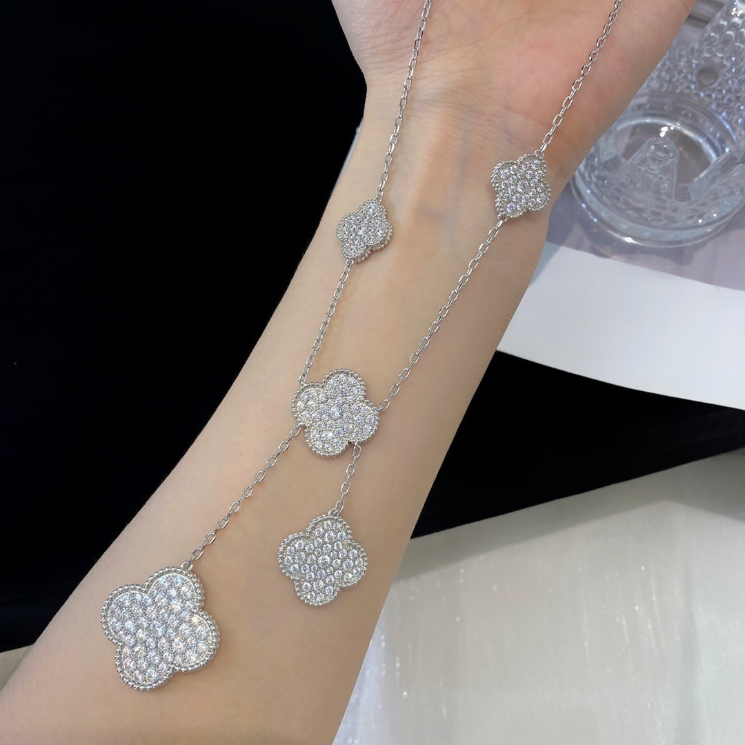 [⭐Aura]CLOVER 5 MOTIFS SILVER DIAMONDS NECKLACE