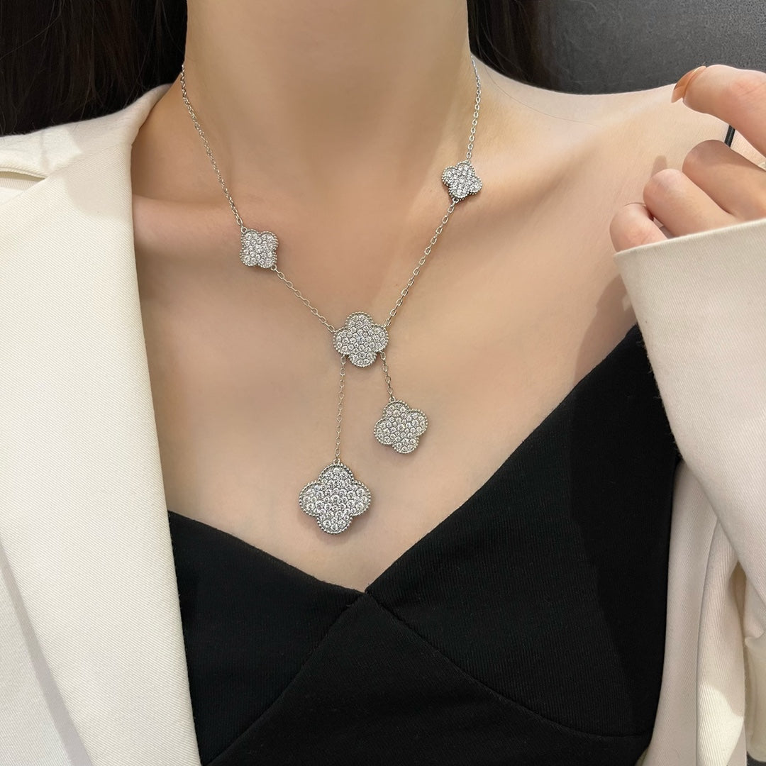 [⭐Aura]CLOVER 5 MOTIFS SILVER DIAMONDS NECKLACE