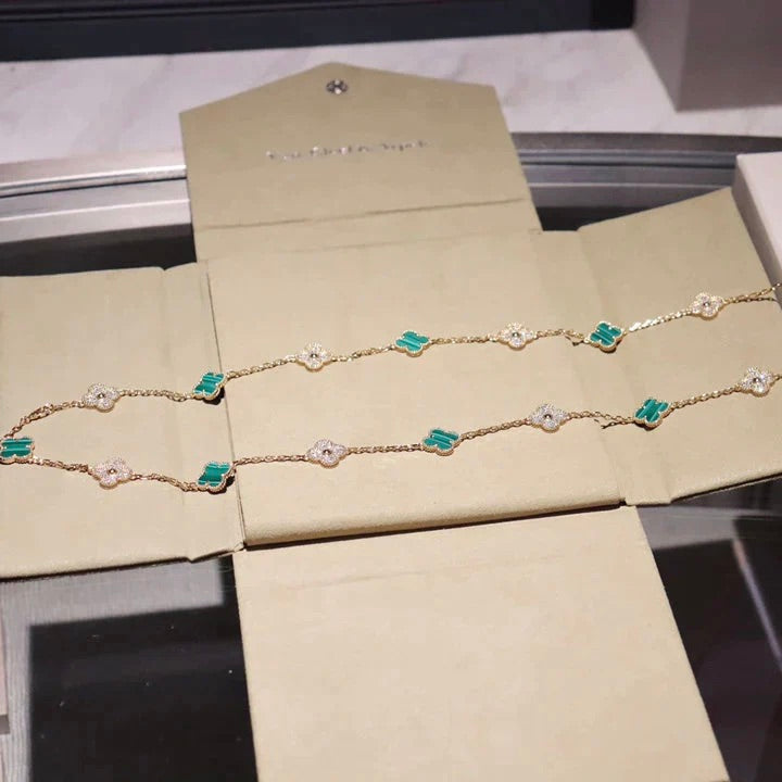 [⭐Aura]CLOVER 20 MOTIFS MALACHITE DIAMOND NECKLACE