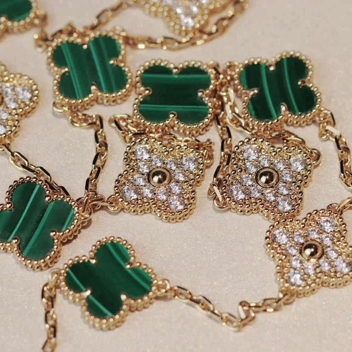 [⭐Aura]CLOVER 20 MOTIFS MALACHITE DIAMOND NECKLACE