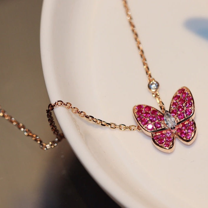 [⭐Aura]BUTTERFLY RED DIAMOND ROSE GOLD NECKLACE