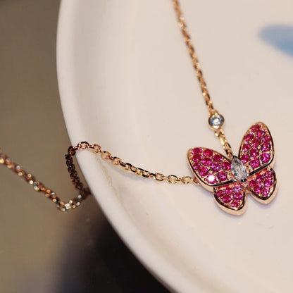[⭐Aura]BUTTERFLY RED DIAMOND ROSE GOLD NECKLACE