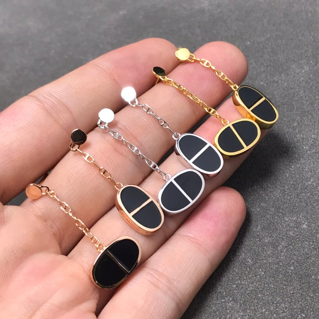 [⭐Aura]CHAINE VERSO BLACK CERAMIC SILVER EARRINGS