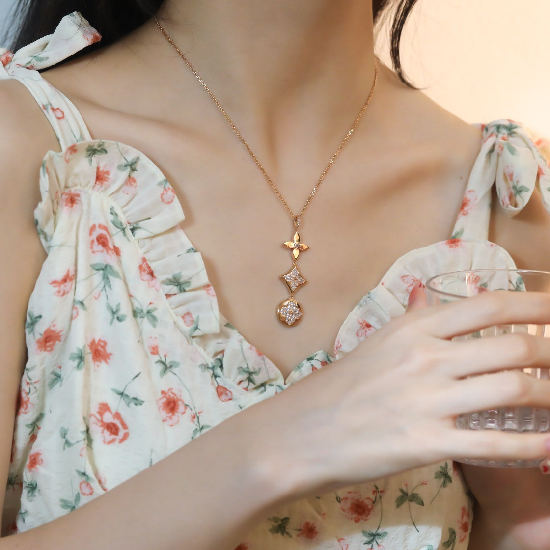 [⭐Aura]STAR AND SUN DIAMOND PINK GOLD NECKLACE