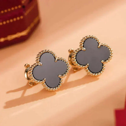 [⭐Aura]CLOVER MEDIUM 1 MOTIFS  ONYX STUD EARRINGS