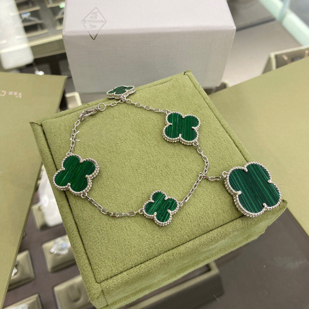 [⭐Aura]CLOVER 5 MOTIFS SIVLER MALACHITE BRACELET