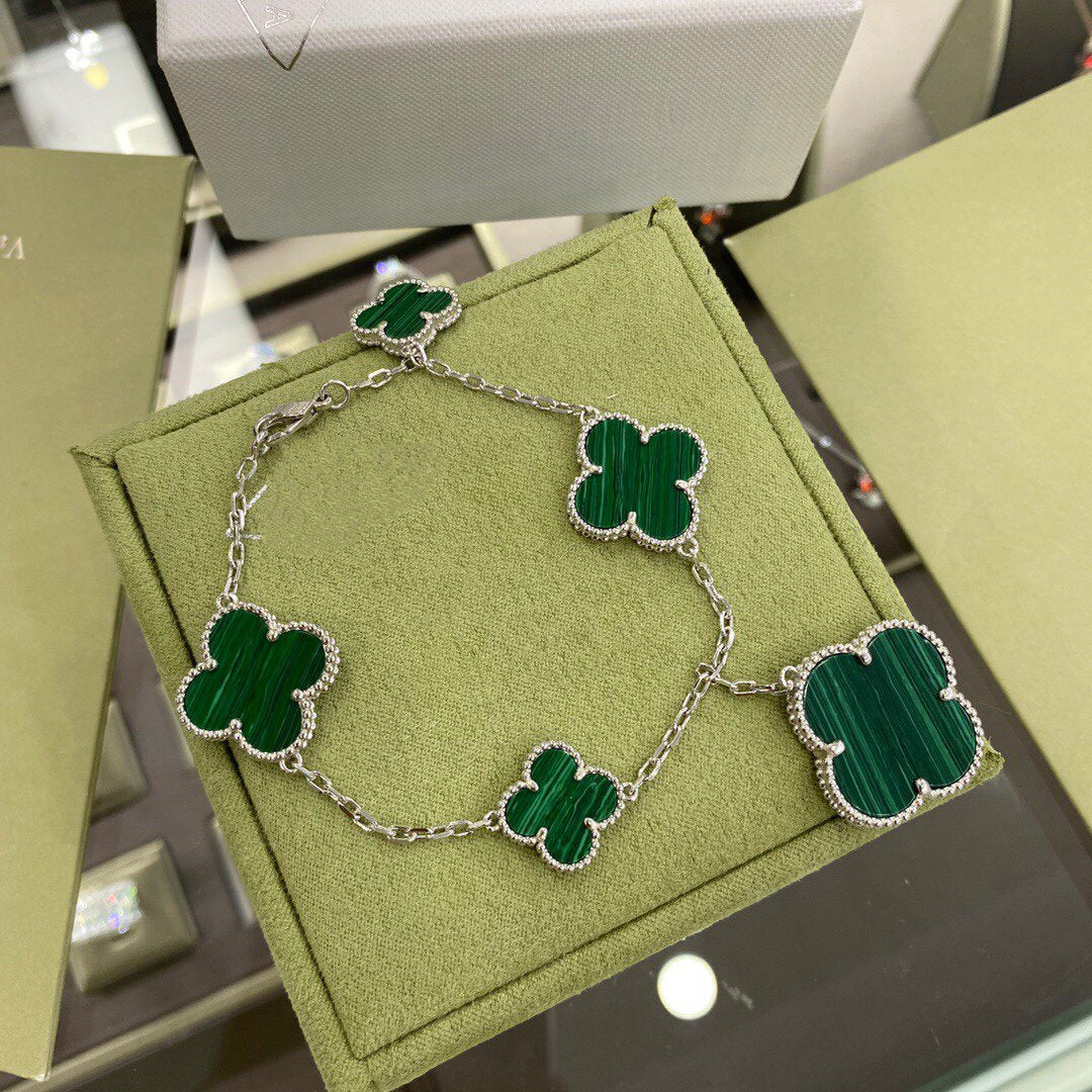 [⭐Aura]CLOVER 5 MOTIFS SIVLER MALACHITE BRACELET