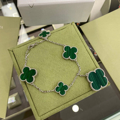 [⭐Aura]CLOVER 5 MOTIFS SIVLER MALACHITE BRACELET