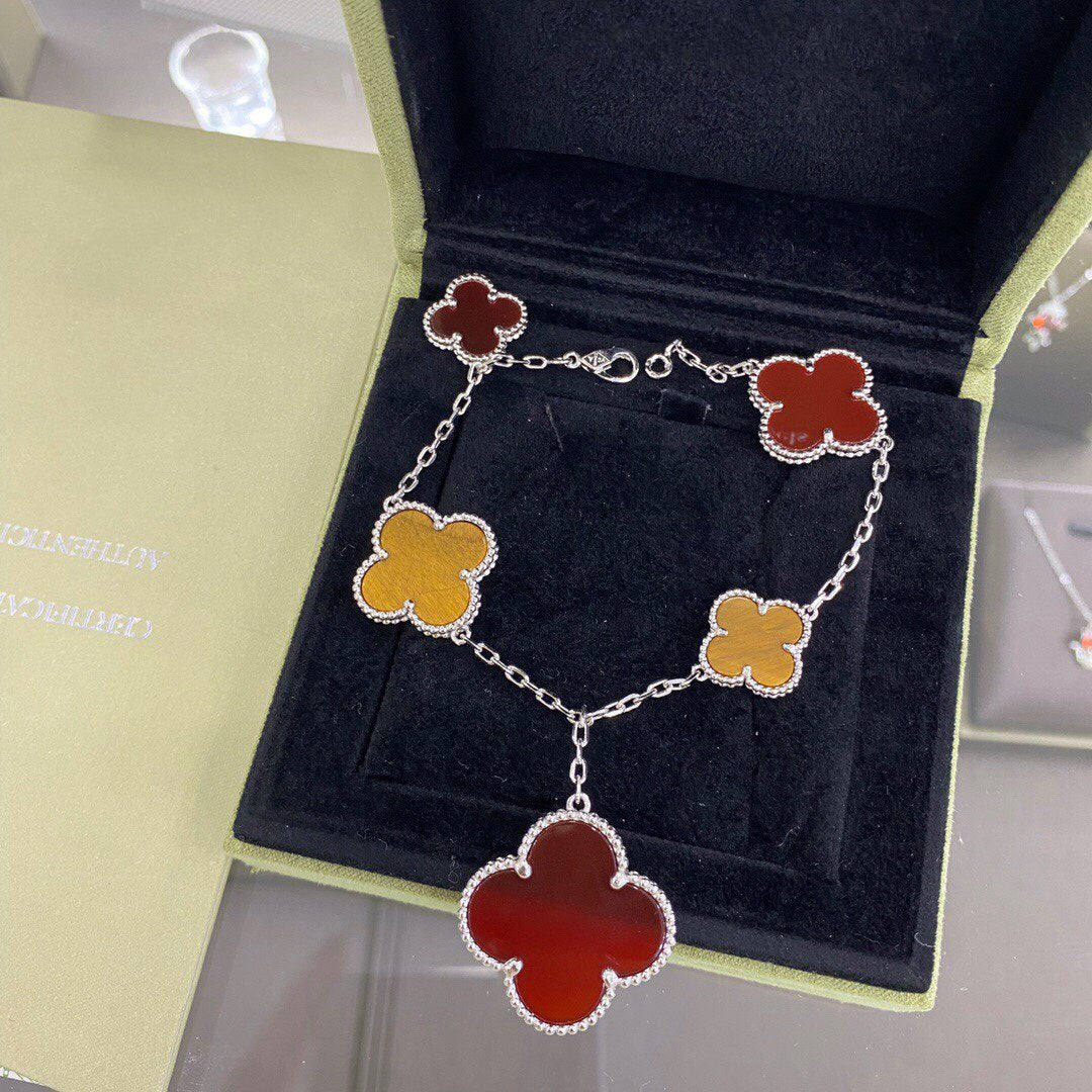 [⭐Aura]CLOVER 5 MOTIFS SIVLER CARNELIAN TIGER EYE BRACELET