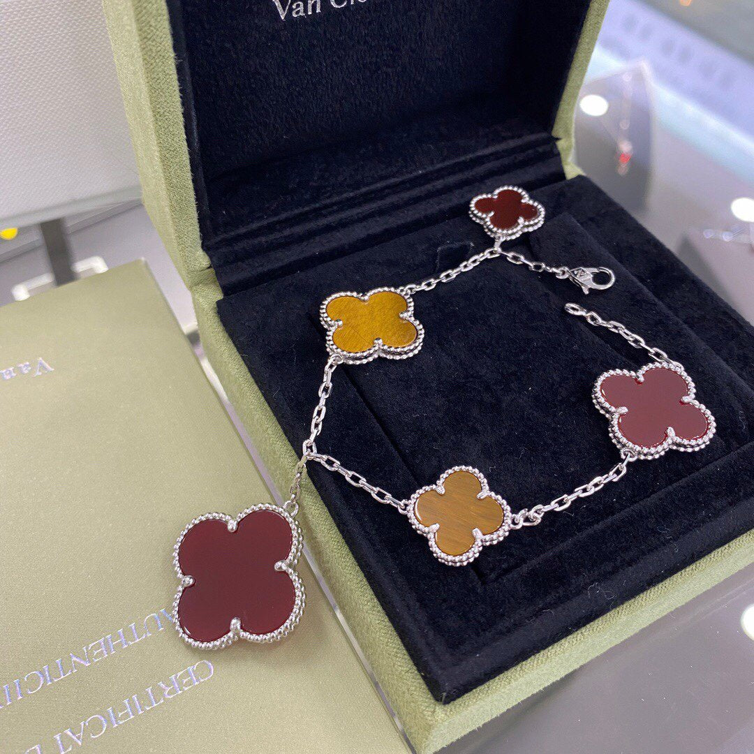 [⭐Aura]CLOVER 5 MOTIFS SIVLER CARNELIAN TIGER EYE BRACELET