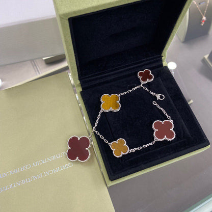[⭐Aura]CLOVER 5 MOTIFS SIVLER CARNELIAN TIGER EYE BRACELET