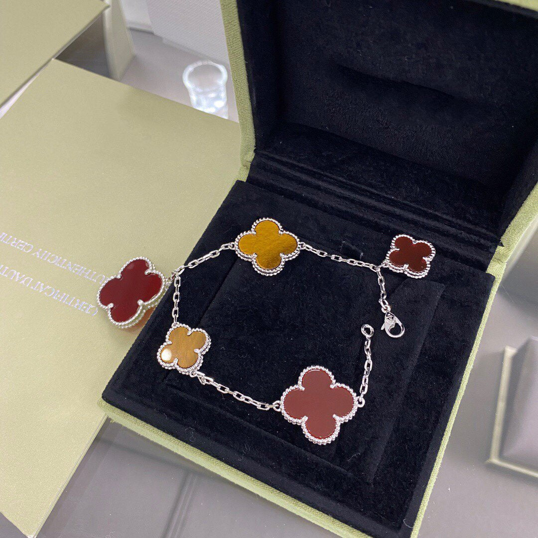 [⭐Aura]CLOVER 5 MOTIFS SIVLER CARNELIAN TIGER EYE BRACELET