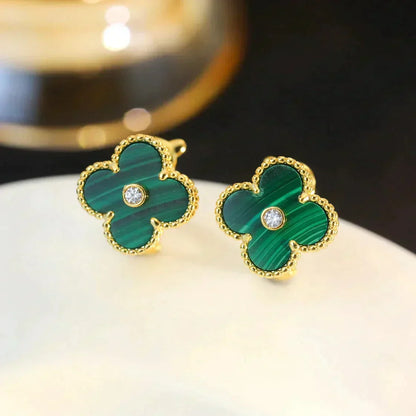 [⭐Aura]CLOVER MEDIUM 1 MOTIFS MALACHITE DIAMOND EARRINGS